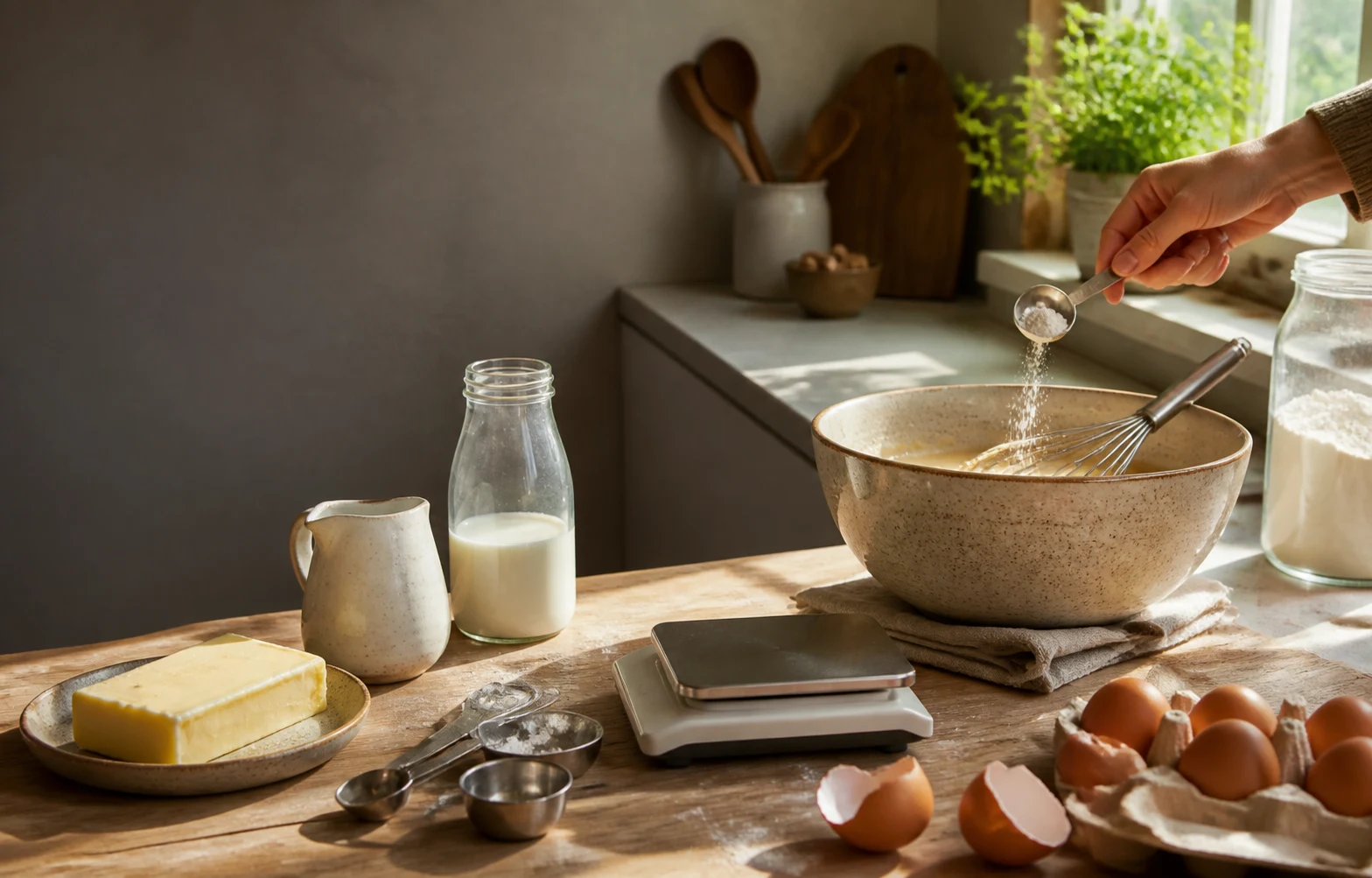 A home cook measuring flour precisely beside batter, eggs, milk, and a kitchen scale
